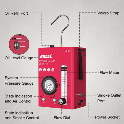 ANCEL S3000 Detector de fugas de humo para automóvil: herramienta de diagnóstico EVAP de 12 V con bomba de aire