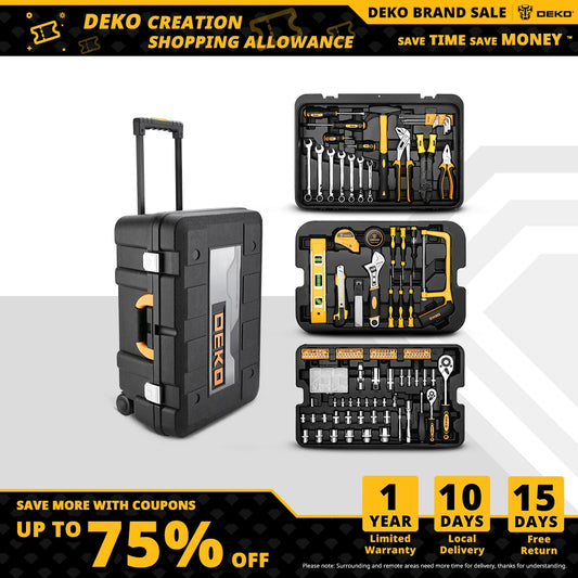 DEKO General Household Hand Tool Kit: Complete Set with Hammer, Wrenches, Sockets, and Screwdrivers in Storage Case